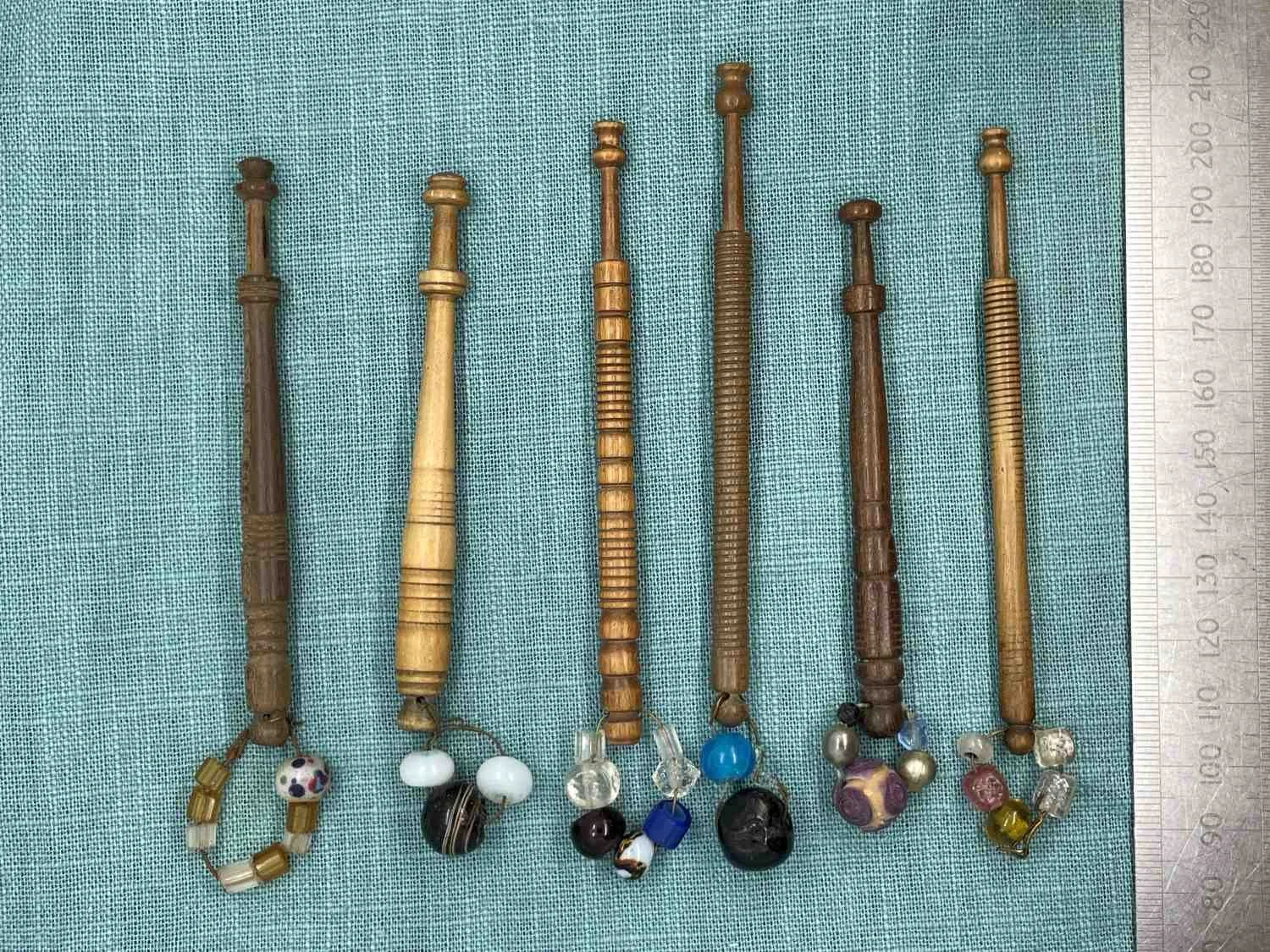 Six 19th-century Antique Wooden Lace Bobbins with spangles (our ref F1)