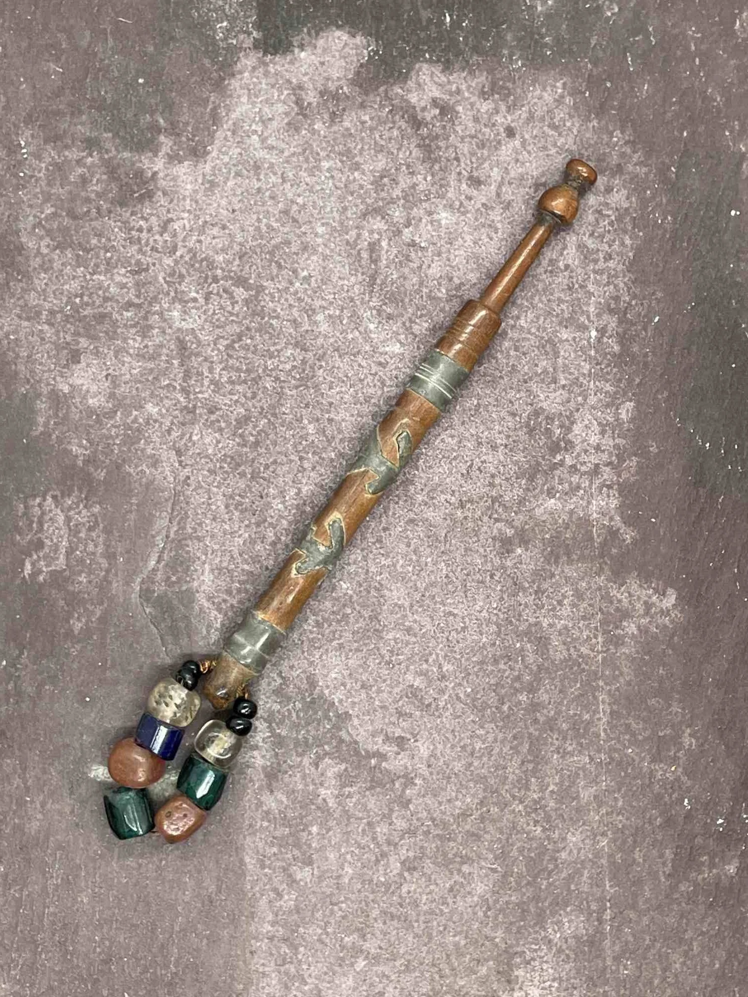19th-century Antique Wooden Bobbin with pewter 'butterfly' decoration and spangle (our ref W12)