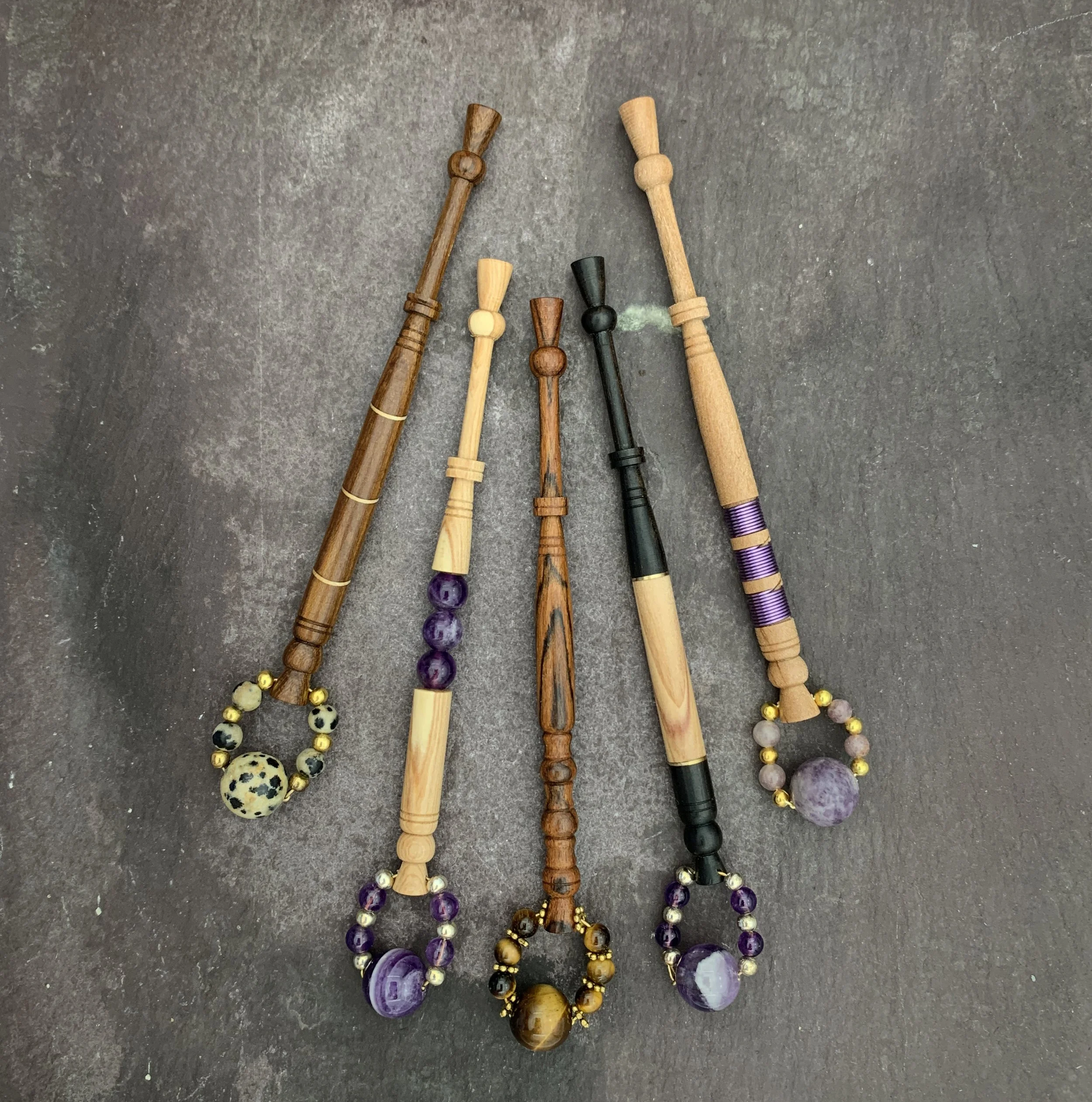 Five lace bobbins different decorative style: bitted, beaded, wired, inserts, inspired by the past