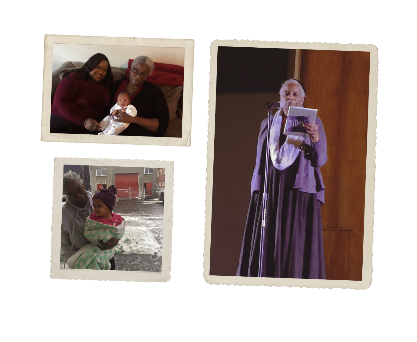Collage of three photographs. Top left: an older woman and two younger women sitting on a couch, holding a baby. Bottom left: an elderly woman and a young girl outdoors in winter, wrapped in blankets. Right: an elderly woman speaking or reading into a microphone on a stage.