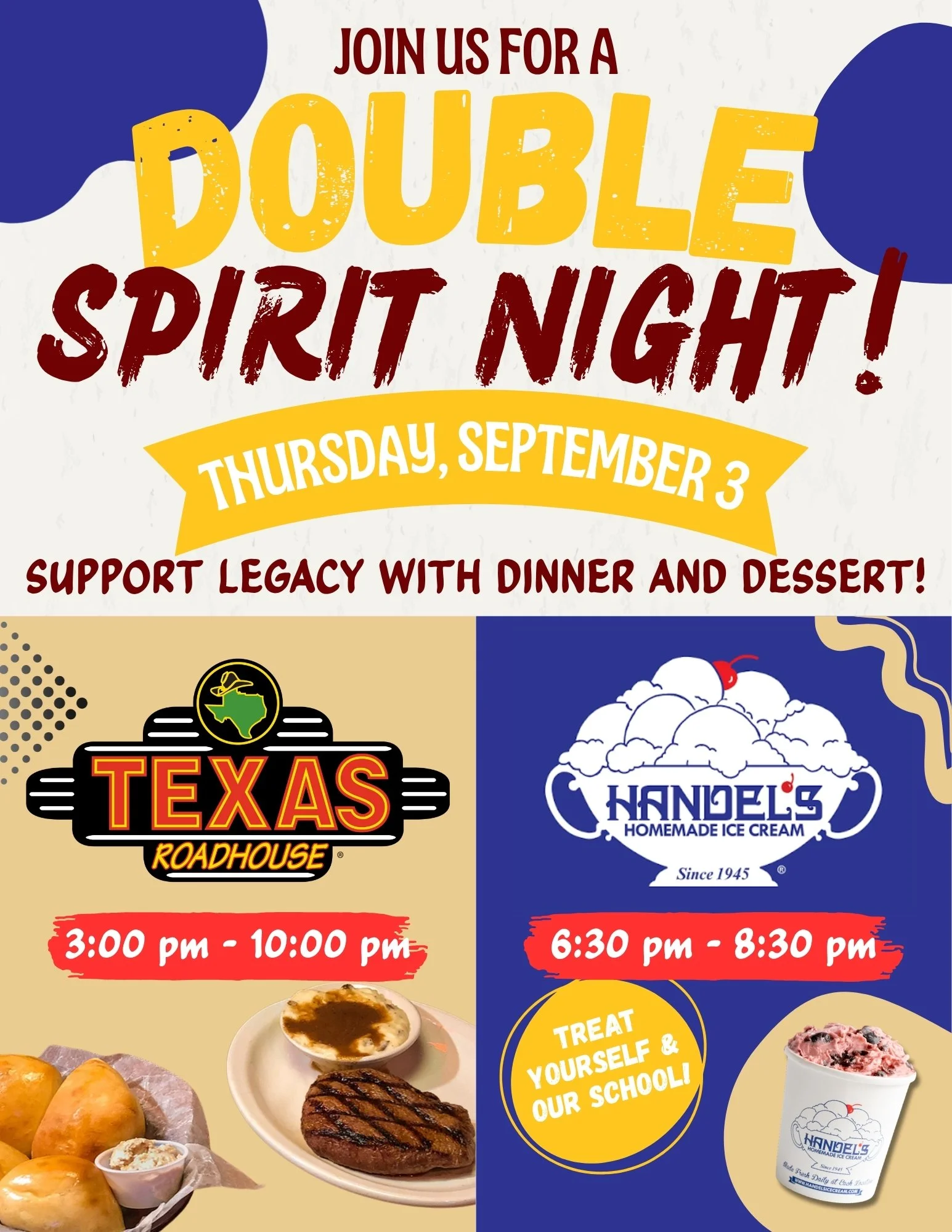 Texas Roadhouse &amp; Handel’s Spirit Night TOMORROW!