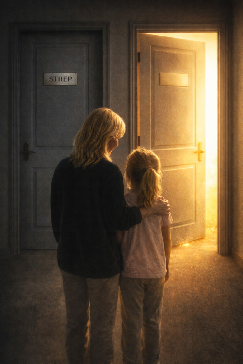 Mother and child facing two doors representing misdiagnosed strep infection and hidden staph infection in a pediatric case