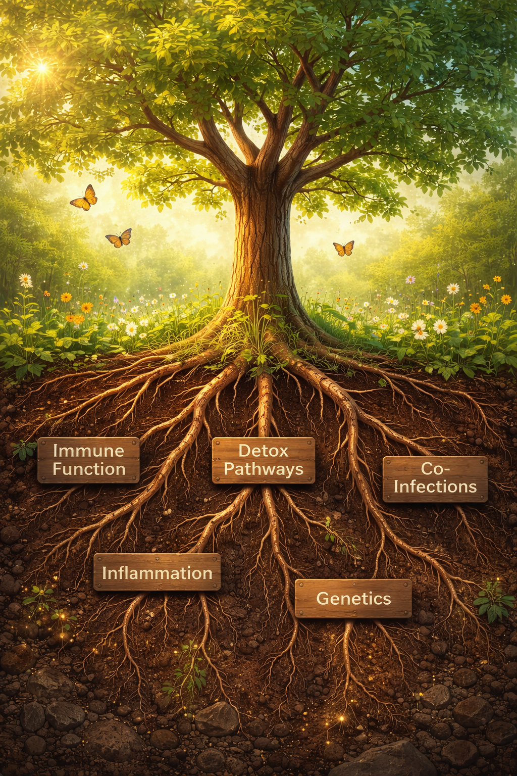Root-cause approach to chronic Lyme disease showing immune function, detox pathways, inflammation, genetics, and co-infections as foundational roots supporting overall health