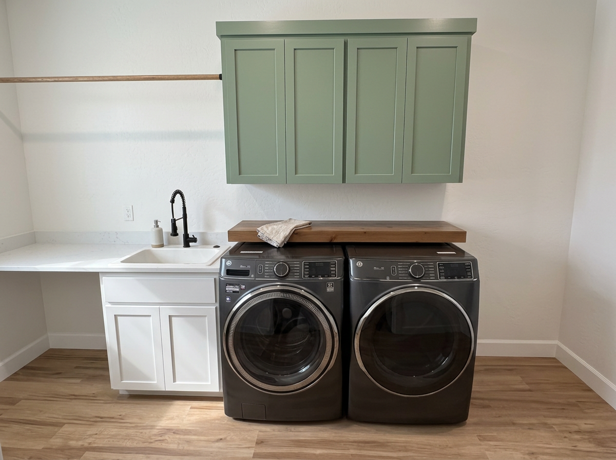 Laundry room with a white cabinet under the sink, a black faucet, green upper cabinets, a wooden countertop, and a front-loading washing machine and dryer in black.