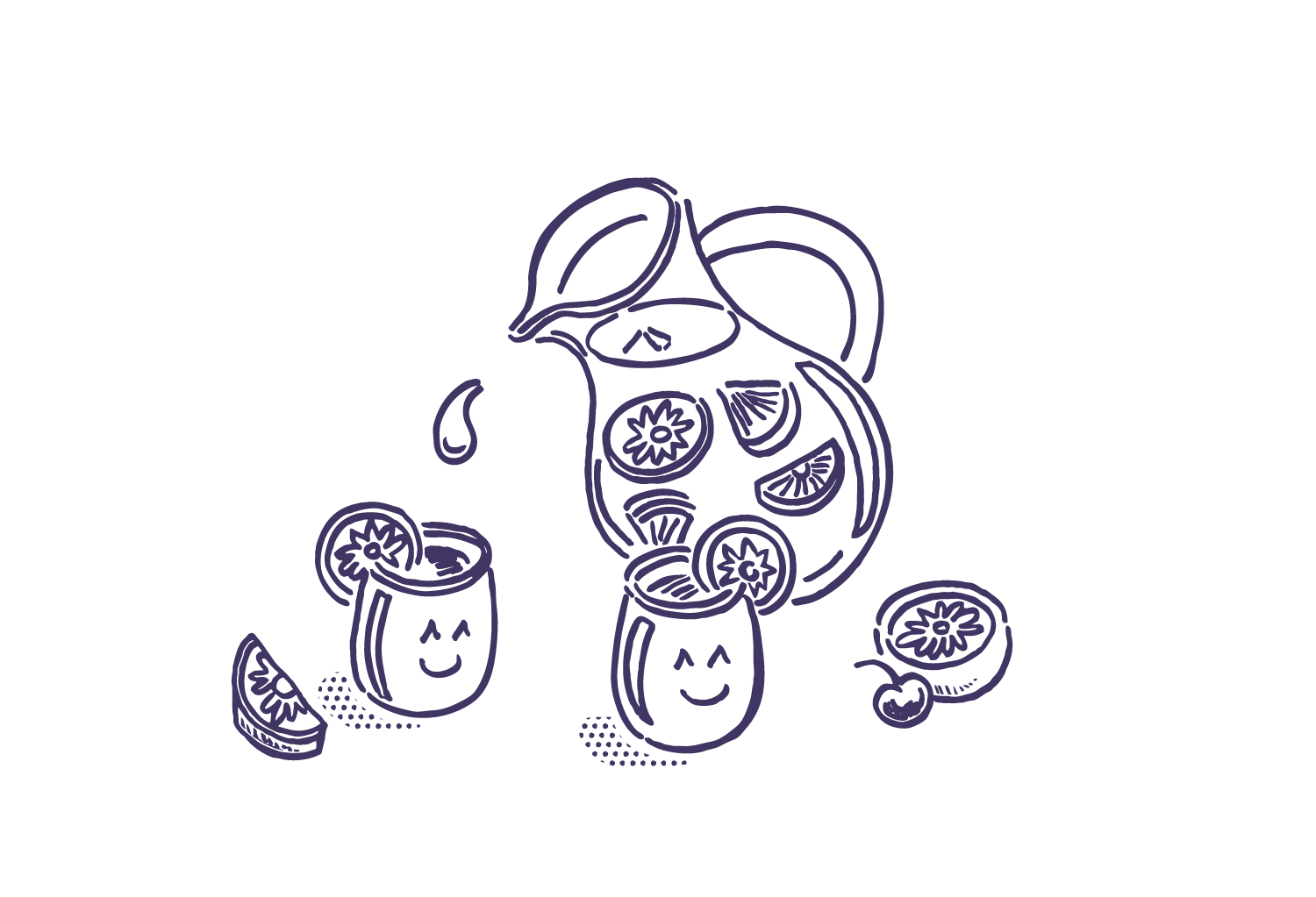 Line drawing of a pitcher pouring lemon slices into smiling glasses with lemon slices and cherries around.