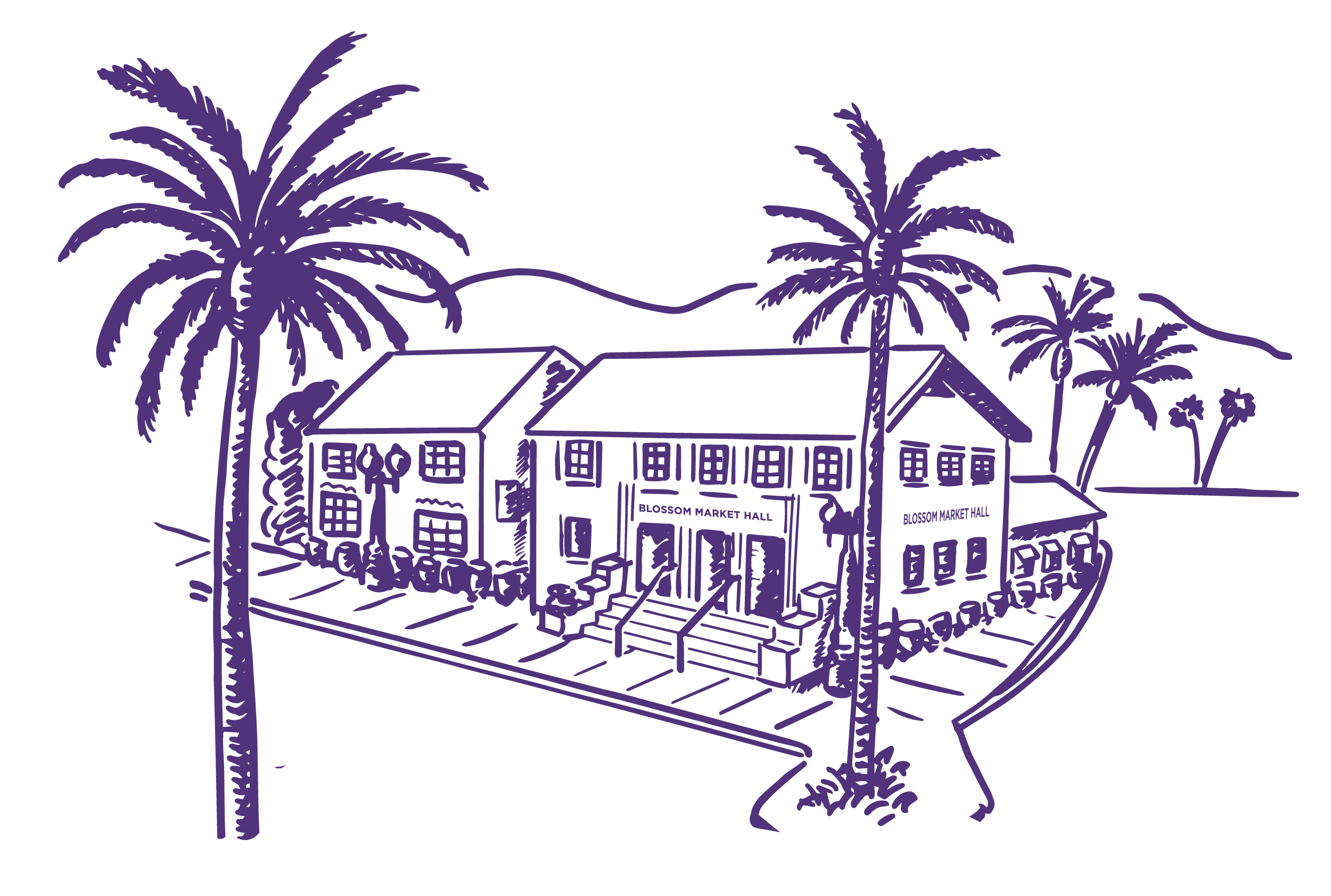 Illustration of a house named Blossom Market Hall with palm trees around.