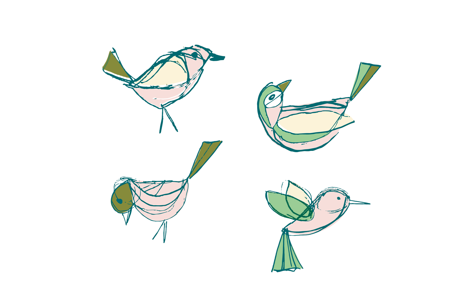 Stylized drawing of four fish, each with green fins and pink bodies, swimming against a blue background.