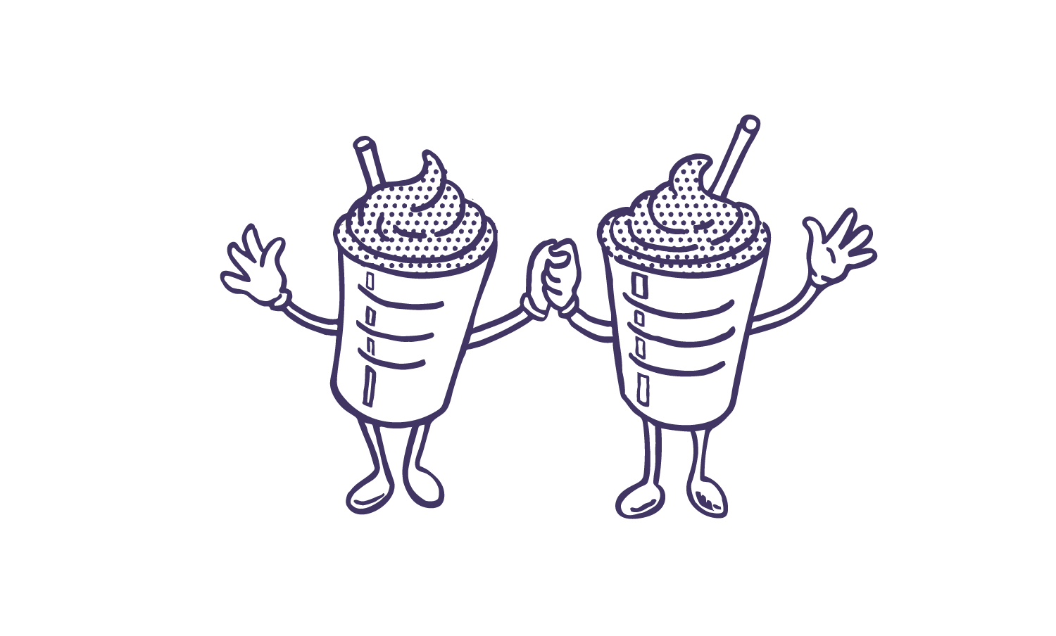 Cartoon of two soda cups with whipped cream characters holding hands and giving high fives.