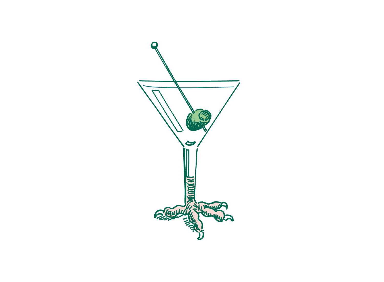 A hand-drawn illustration of a chicken's foot holding a cocktail glass with an olive and a cocktail pick.