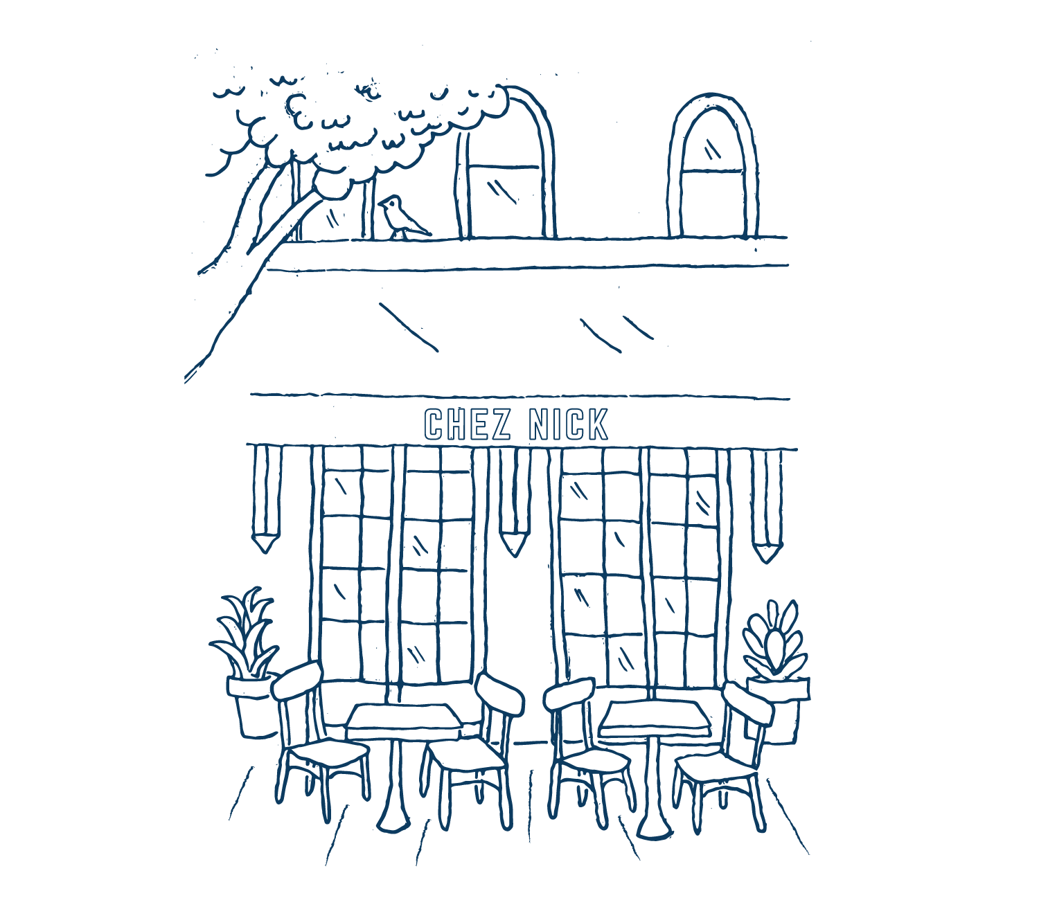 Exterior of a building labeled 'Chez Nick' with outdoor seating, potted plants, large windows, and a second-story balcony with a bird and tree.