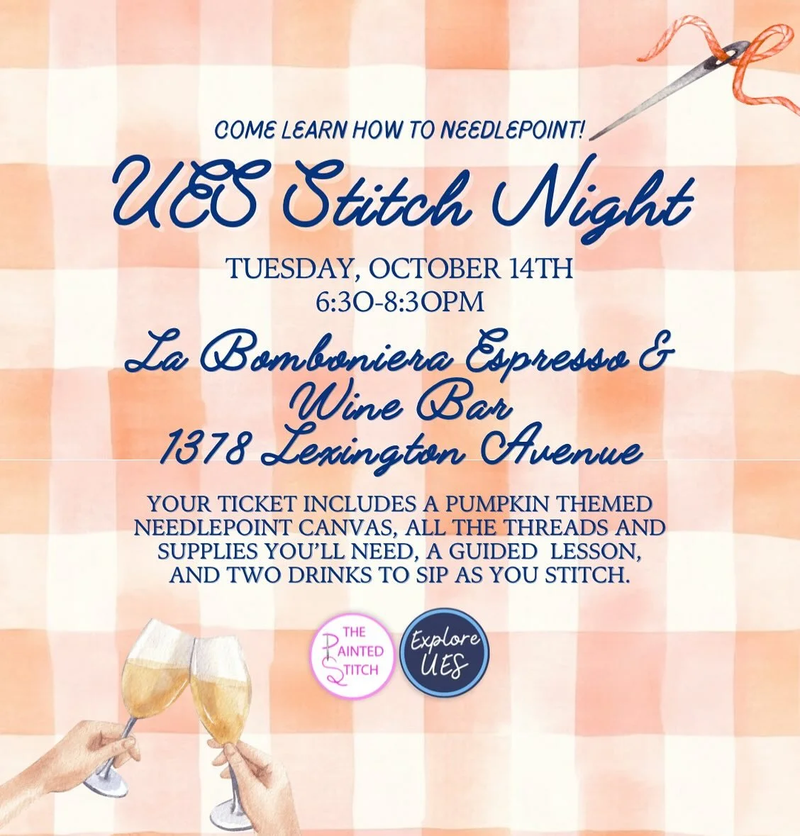 We&rsquo;re hosting our next stitch night at the coziest UES wine bar @labombonieranyc with @the_painted_stitch &amp; @explore_ues. Whether you&rsquo;re new to needlepointing or a seasoned stitcher, this event is a perfect way to unwind &amp; get cre