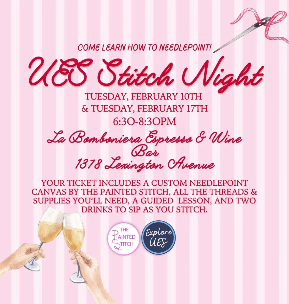 Both nights are sold out!!

We&rsquo;re hosting two UES two valentines/galentines stitch nights at @labombonieranyc with @the_painted_stitch &amp; @explore_ues. Whether you&rsquo;re new to needlepointing or a seasoned stitcher, this event is a perfec