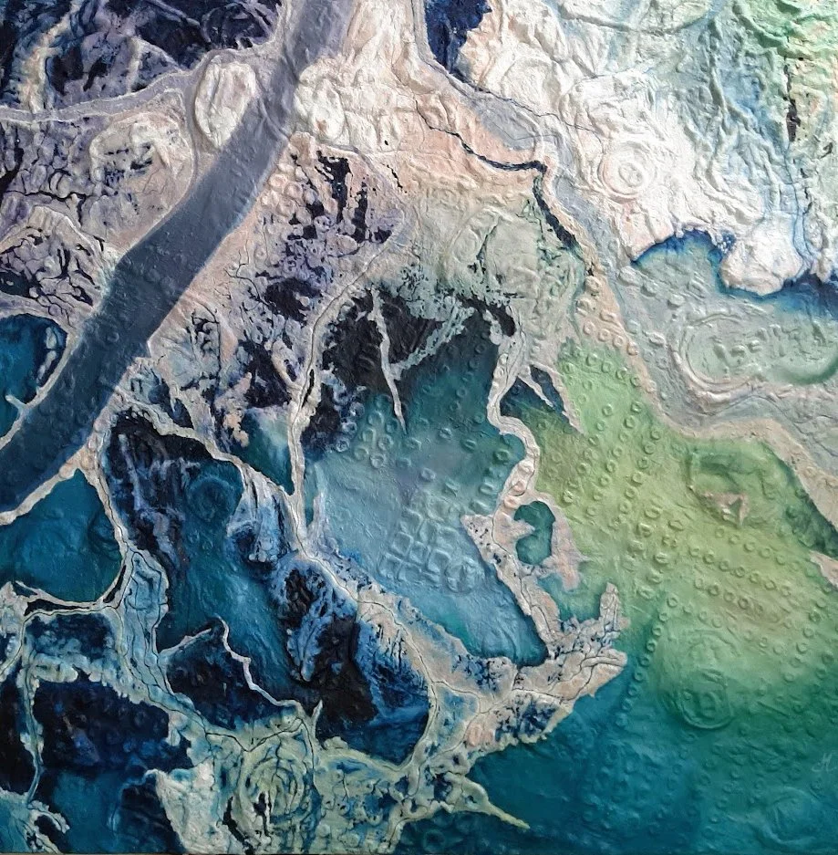 "Topography V - Wetland" 
2022
32" x 32" 
Mixed media