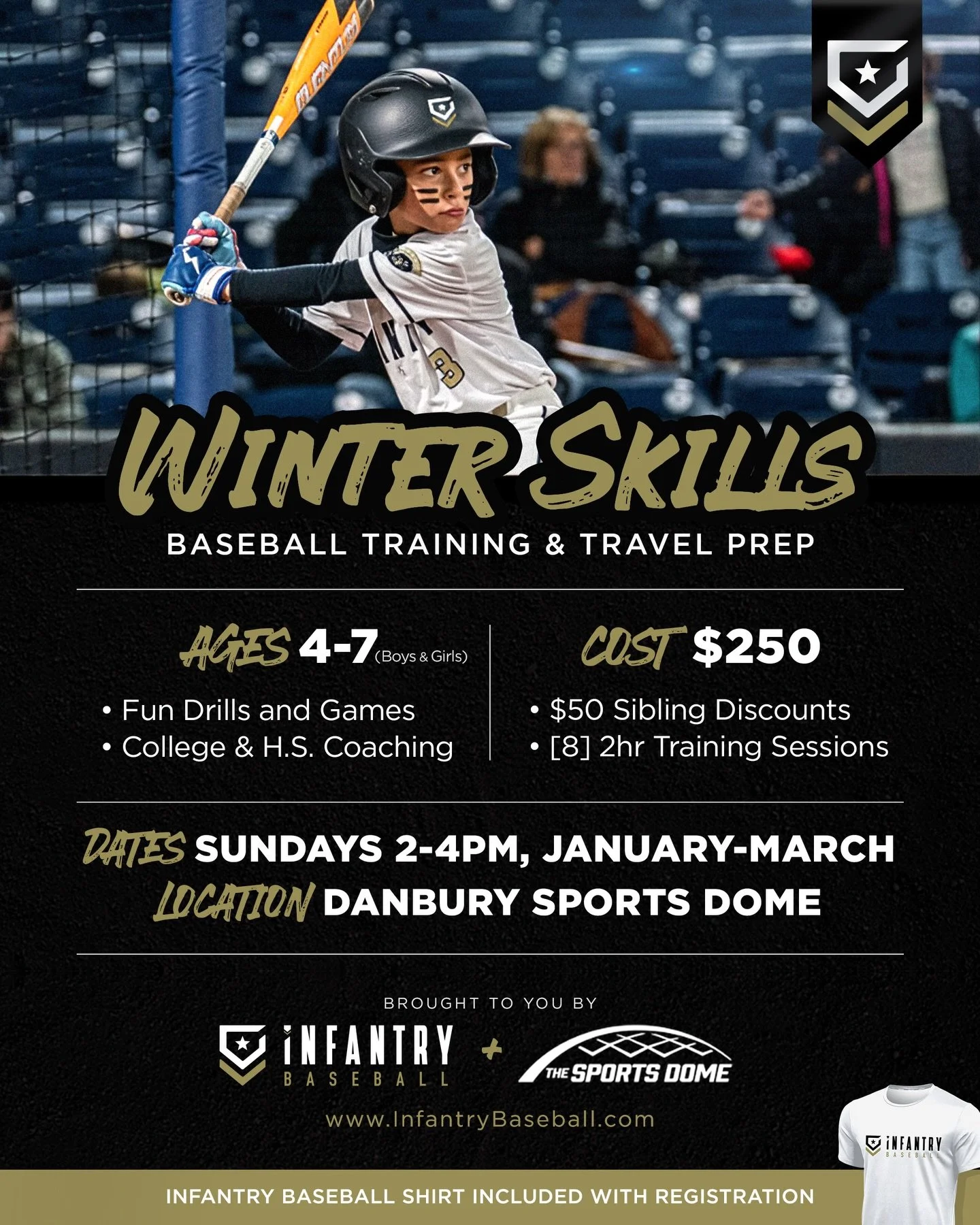 Looking to jump back into baseball to start the new year? ❄️⚾️ Infantry is offering winter ball training and early introductions to game situational play for boys &amp; girls ages 4-7 on Sundays under the Danbury Dome, January-March 2-4pm. Join us fo