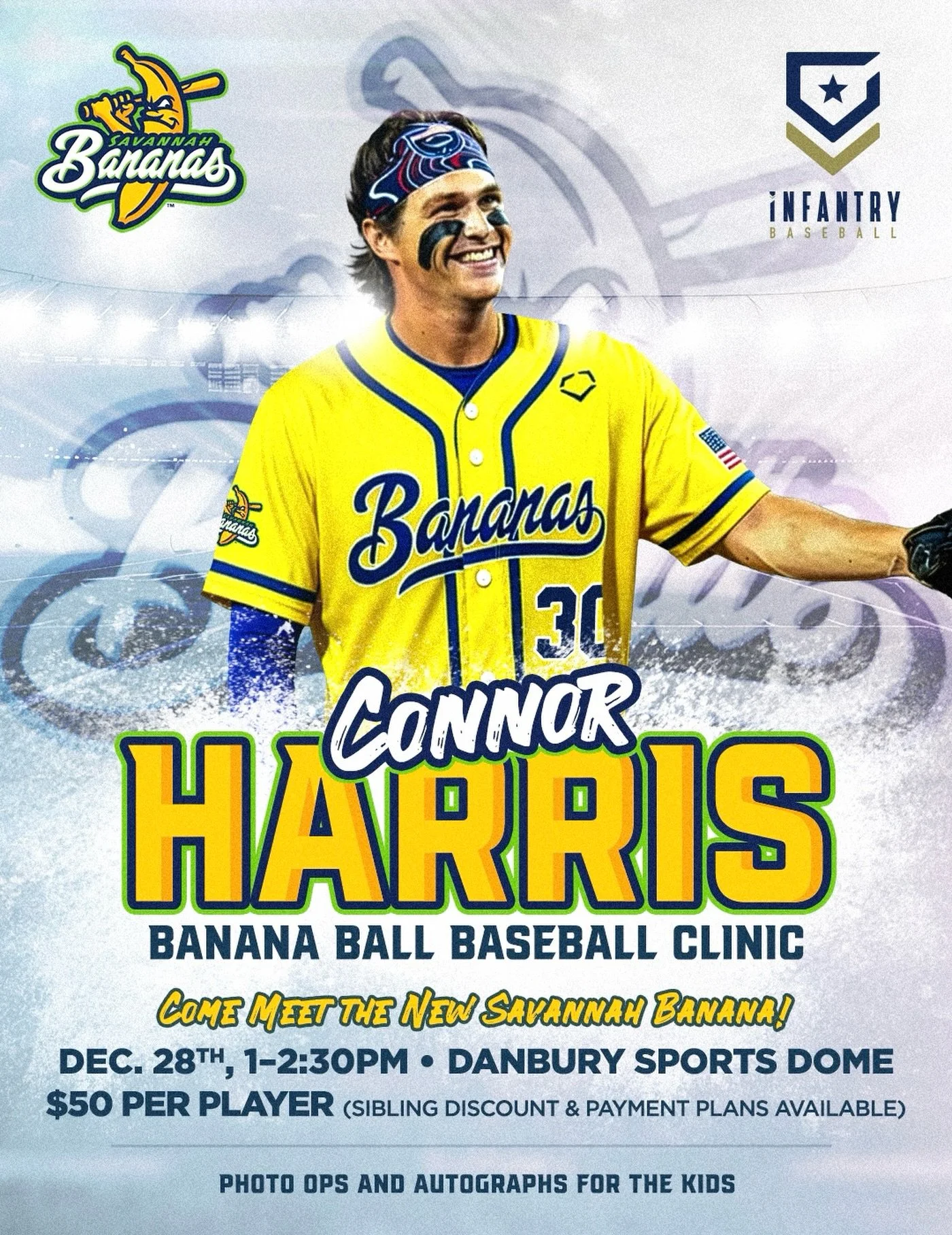 Come on out this holiday break to practice Banana Ball with the newest Savannah Banana, Connor Harris! December 28th, 1-2:30pm at the Danbury Sports Dome. Only $50 per player. Sibling discounts and payment plans available. Wear your Banana gear for p