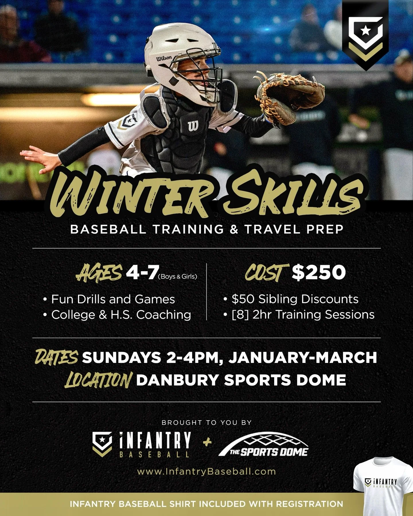 Looking to jump back into baseball to start the new year? Infantry is offering winter ball
training and early introductions to game situational play for boys &amp; girls ages 4-7 on Sundays under the Danbury Dome, January-March 2-4pm. Join us for a f