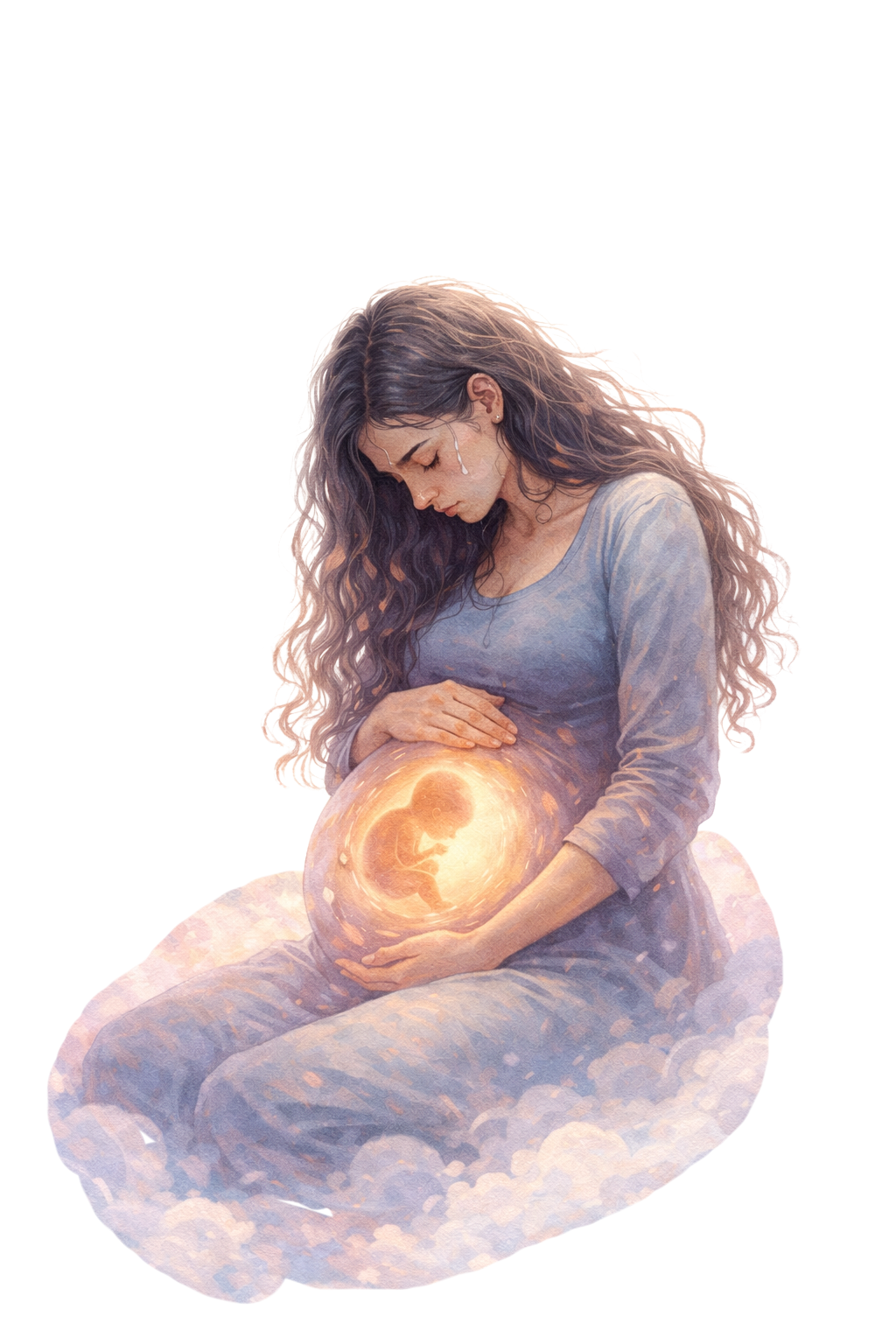 Illustration of a pregnant woman sitting on a cloud, holding her belly, which contains a glowing image of a baby fetus.