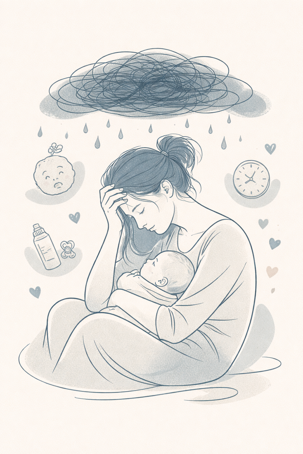 Illustration of a woman sitting with a baby in her arms, looking distressed, with a dark cloud and rain above her head. Surrounding her are icons of a crying face, a bottle, a clock, hearts, and a pacifier, depicting stress and exhaustion.