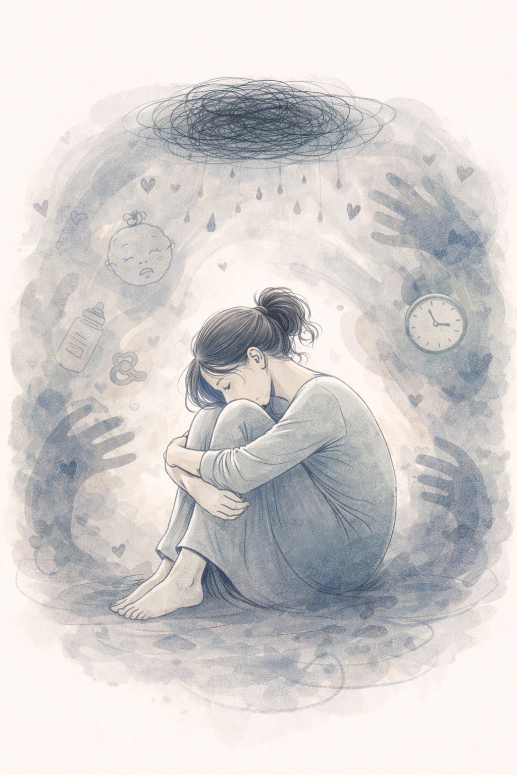 A woman sitting with her knees drawn up and hugging them, with a sad expression. Surrounding her are illustrations of a crying baby face, a baby bottle, a key, hands, a clock, raindrops, and small hearts, all in muted tones. The background features a dark, scribbled cloud overhead.