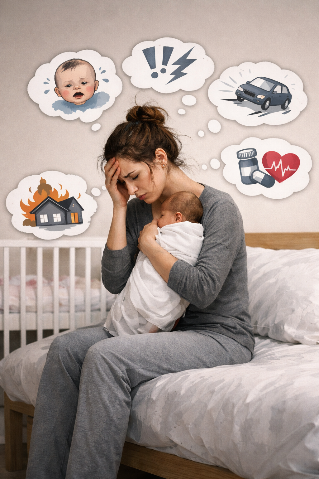 A woman sitting on a bed, holding a crying baby, with her hand on her forehead, looking distressed. Thought bubbles around her depict a baby crying, a lightning bolt and exclamation marks, a car, a burning house, and medication with a heart monitor, indicating worries about health, safety, and emergencies.