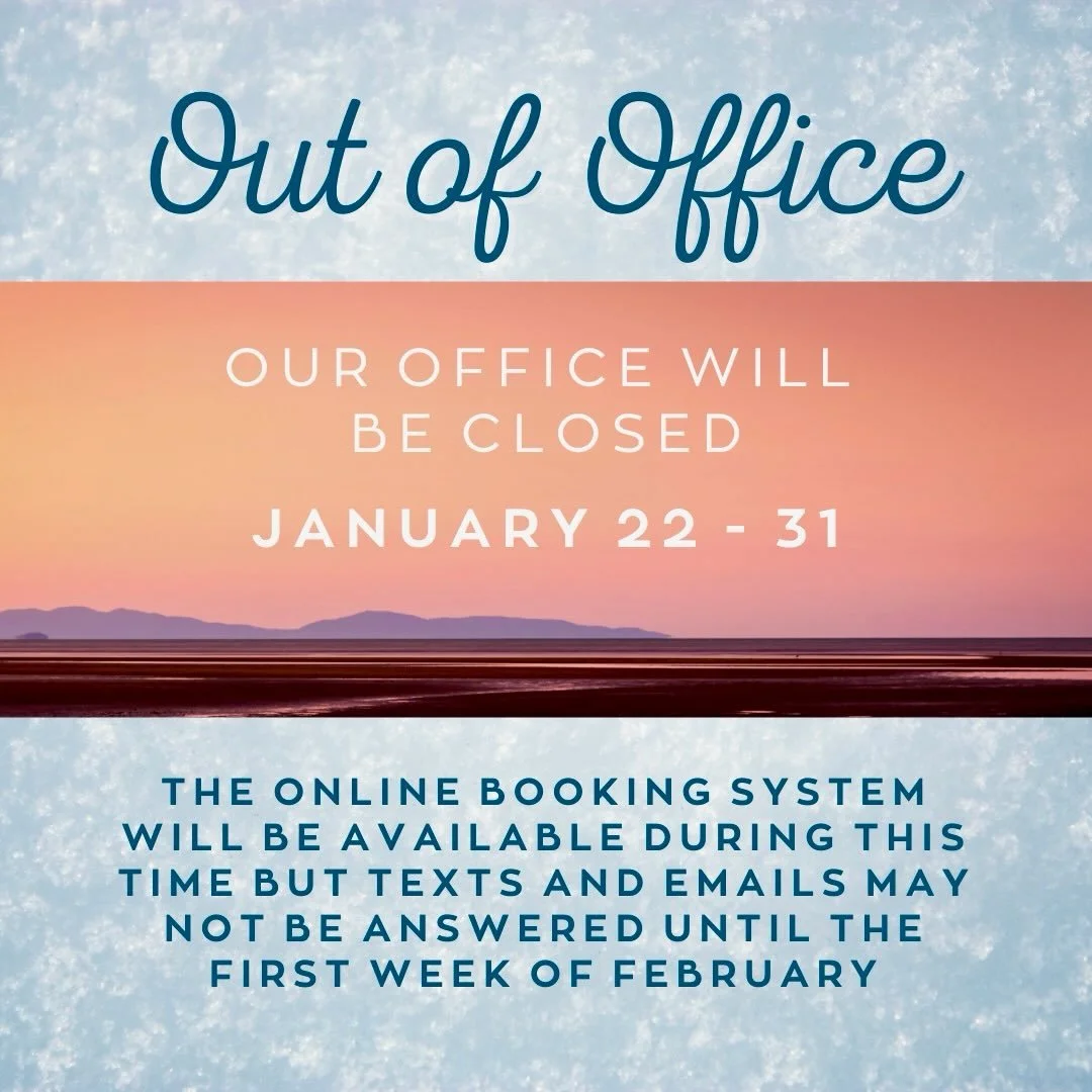 OUT OF OFFICE ✨January 22 - 31 ✨

We will be back in the office on February 2. The online booking system will be available during this time but texts and emails may not be returned until the first week of February. Thank you so much 💗