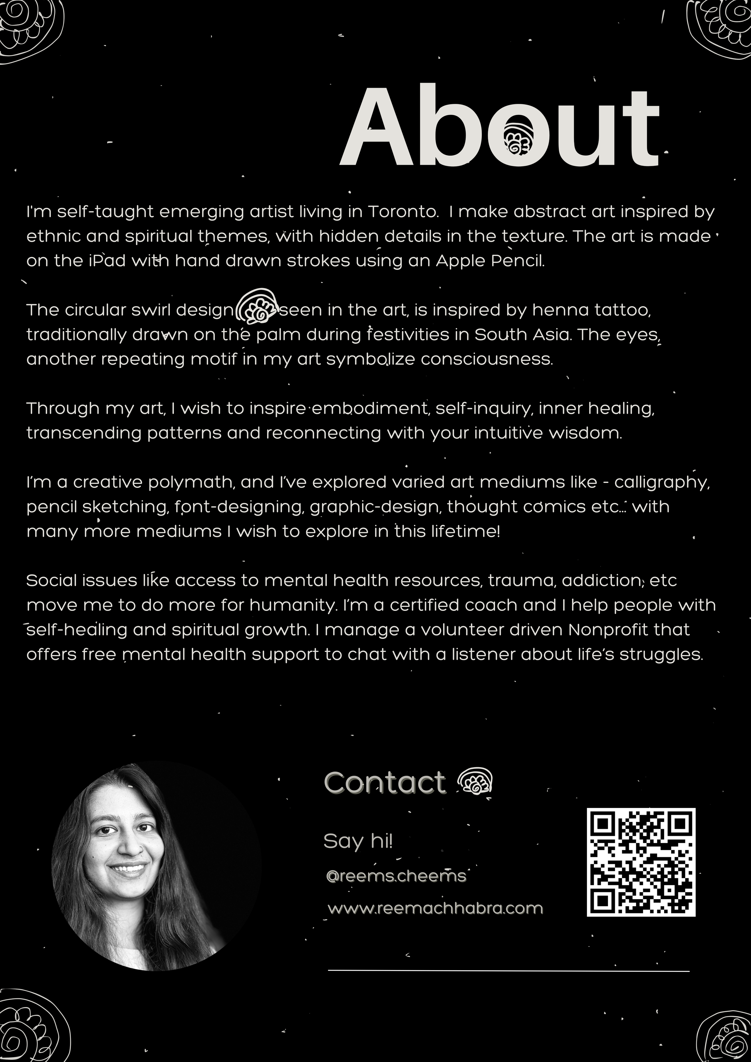 An 'About' section with a photo of a woman, contact information, and a QR code, on a black background with decorative corner elements.