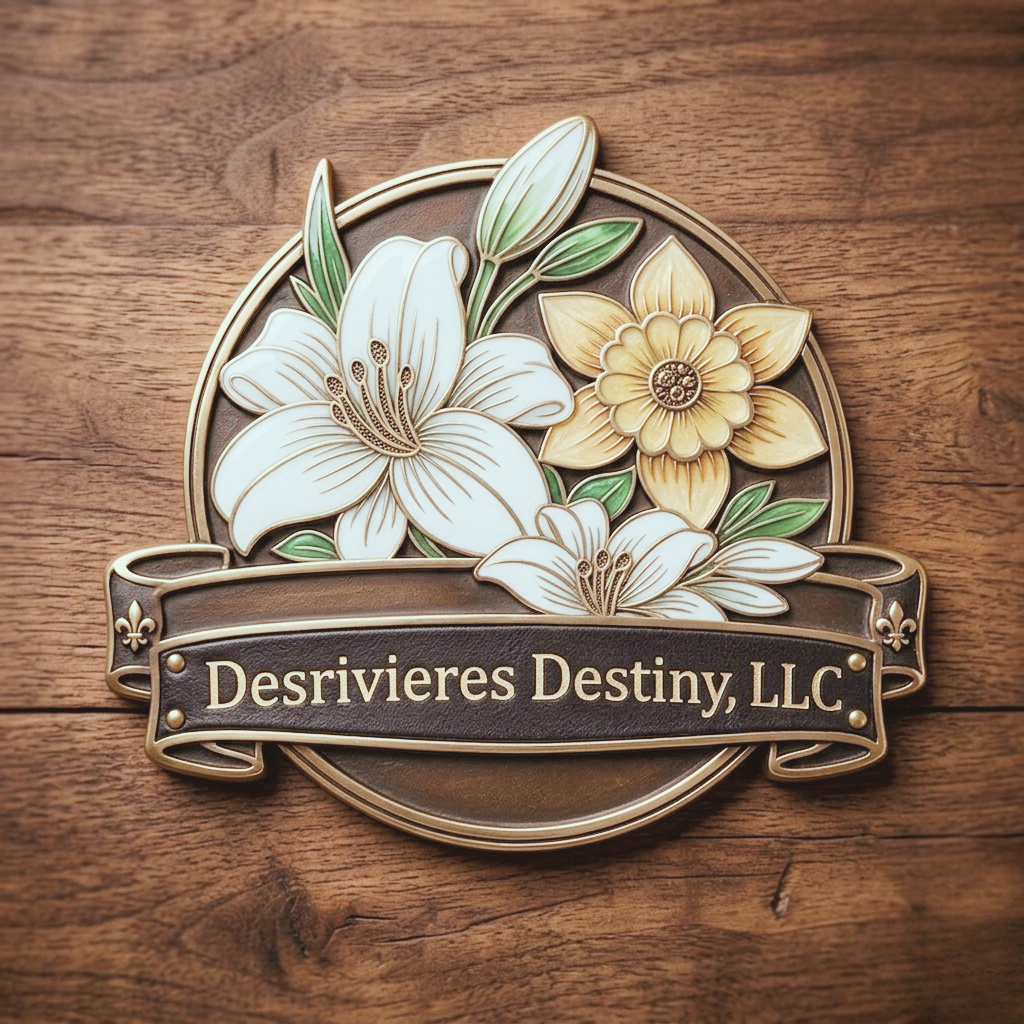 A decorative logo plaque featuring white lilies and a yellow flower with green leaves, with the text 'Desriveires Destiny, LLC' on a ribbon banner, all on a wooden surface.