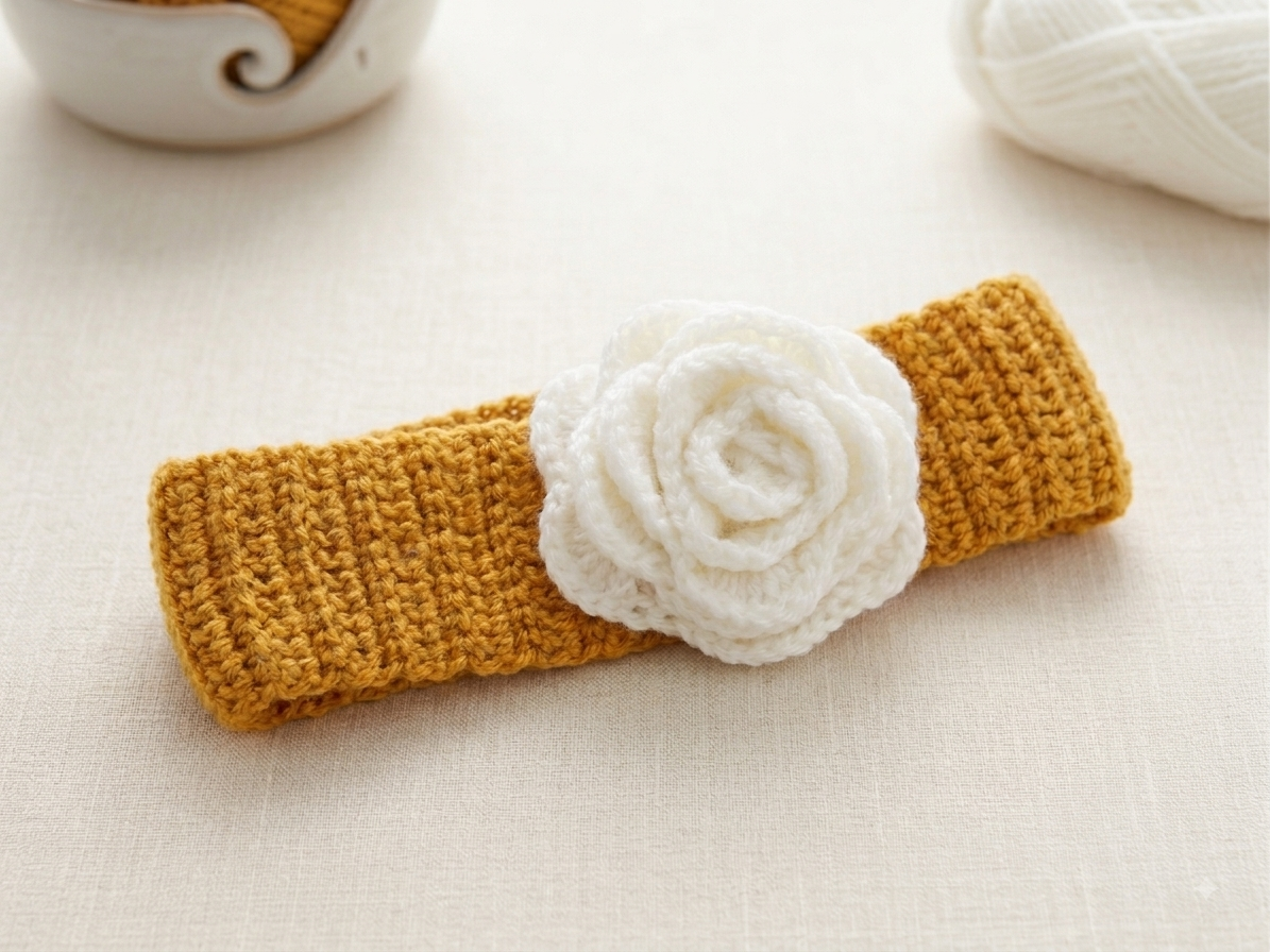 A knitted mustard yellow headband with a white crocheted flower in the center on a white background.