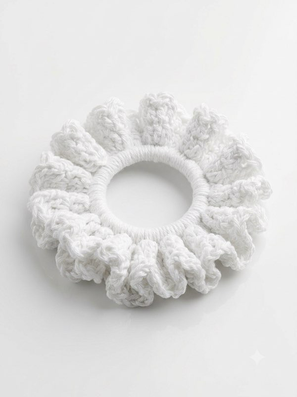 White, knitted scrunchie with ruffled fabric on a white background.