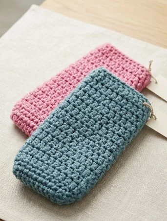 Two textured fabric pouches, one pink and one blue, lying on a beige surface.