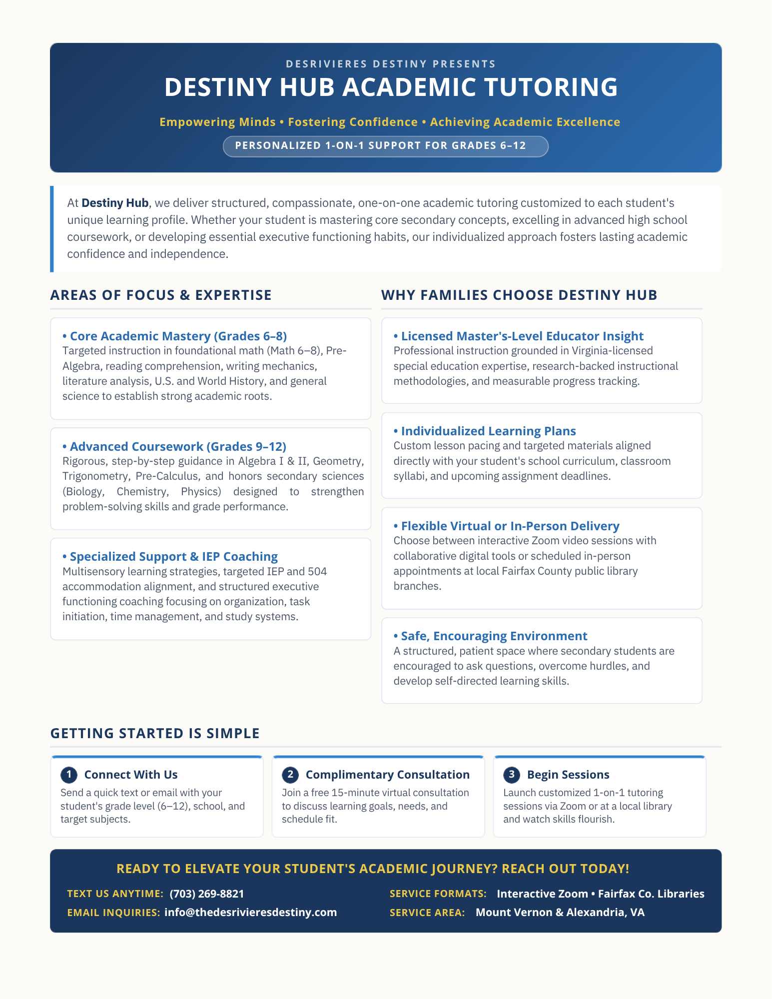 A digital flyer for Destiny Hub Academic Tutoring with blue and white text sections, highlighting personalized 1-on-1 support for grades 6-12, focusing on academic mastery, advanced coursework, and personalized learning plans.