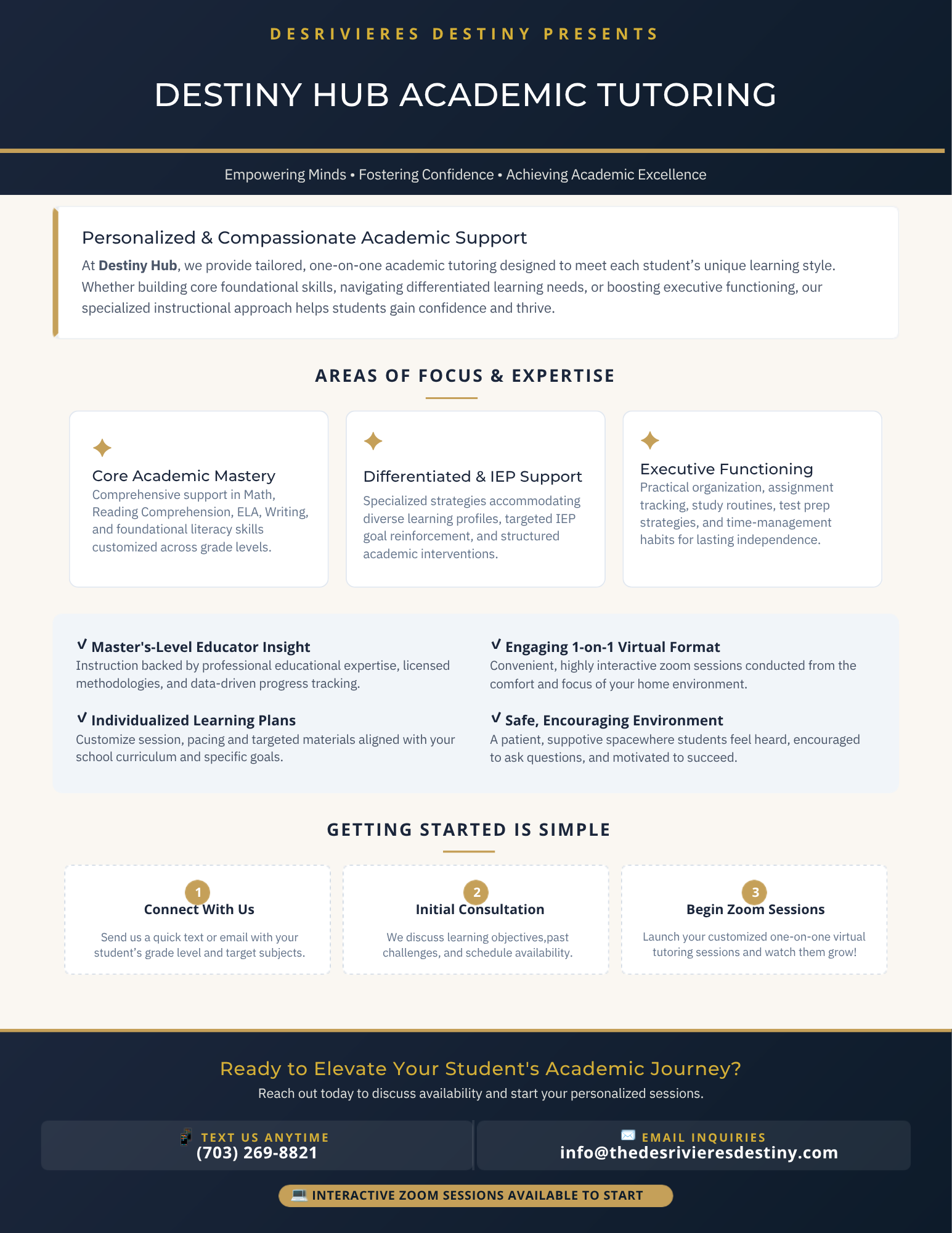 A website homepage for Destiny Hub Academic Tutoring with a dark background and gold accents. It includes sections about academic support, areas of focus, getting started steps, and contact information with phone number, email, and an announcement about interactive Zoom sessions.