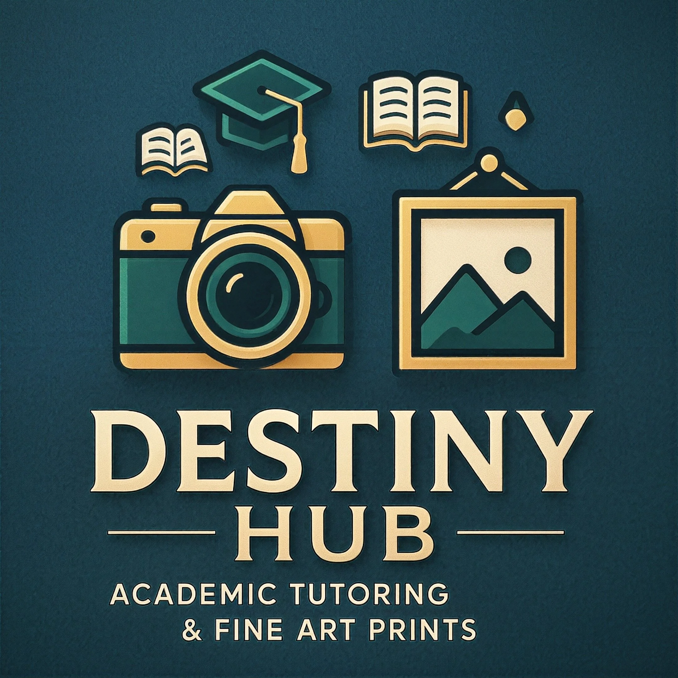 Logo for Destiny Hub featuring icons of a camera, books, a graduation cap, a framed landscape photo, and a small dot. Text reads "Destiny Hub Academic Tutoring & Fine Art Prints".