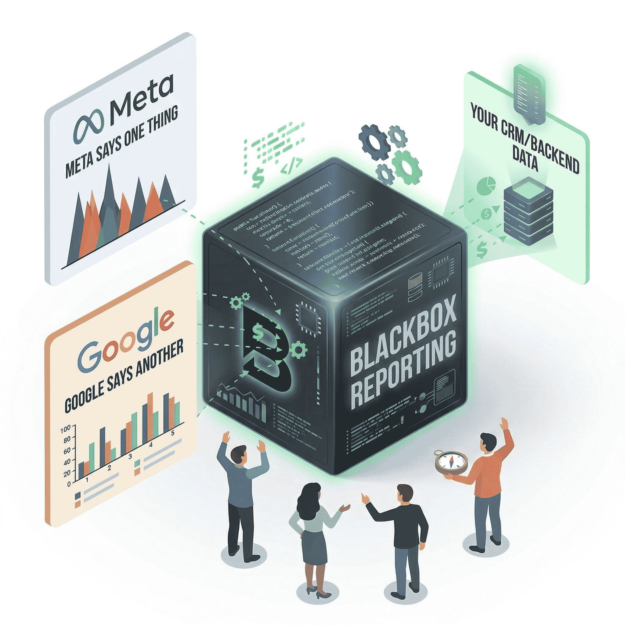An isometric illustration of business people looking confused at a central cube surrounded by conflicting holographic data from Meta, Google, and CRM servers.
