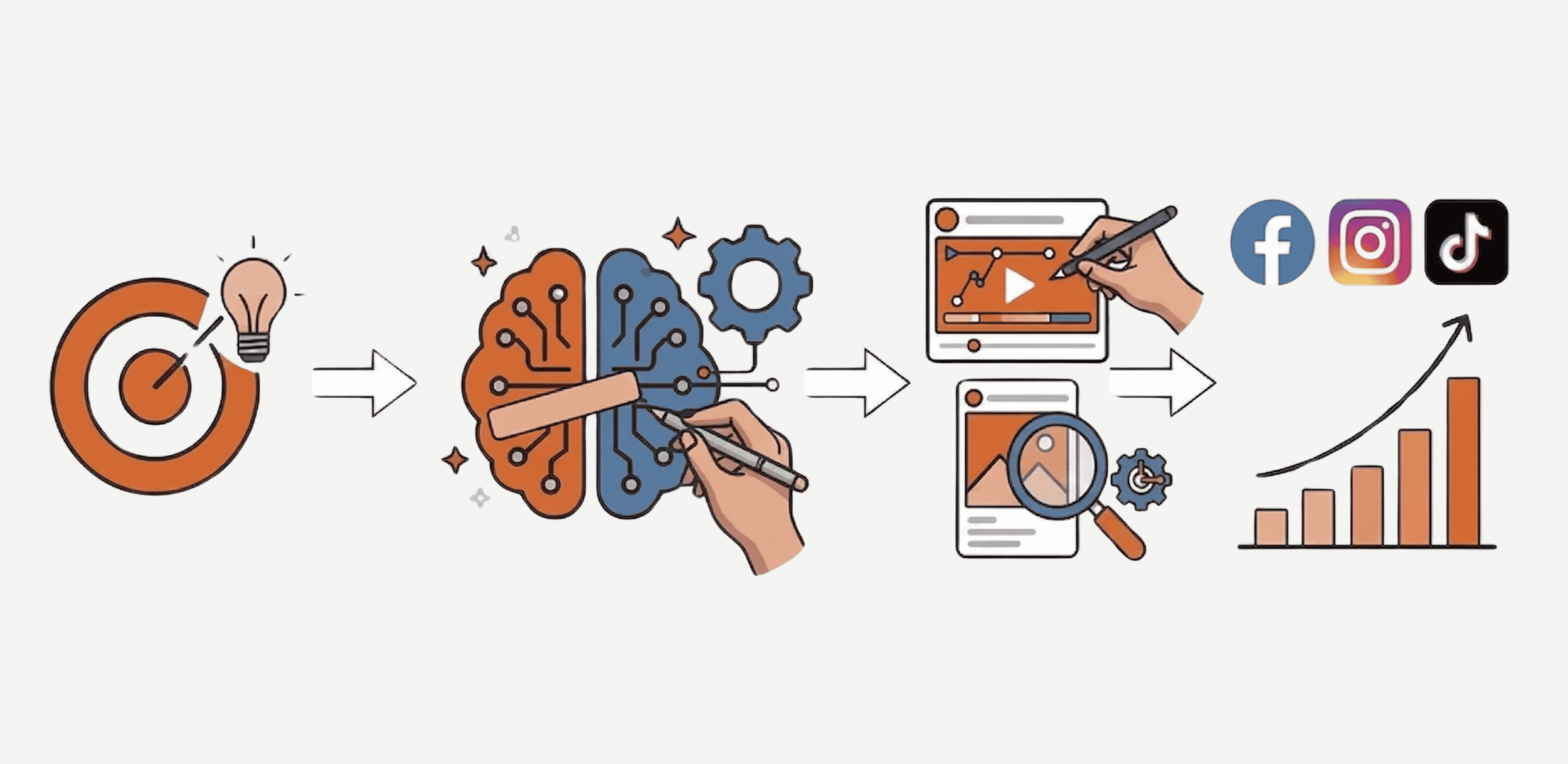 A horizontal process diagram illustrating the flow from target strategy to AI gears to social media growth, representing rapid creative ad testing.