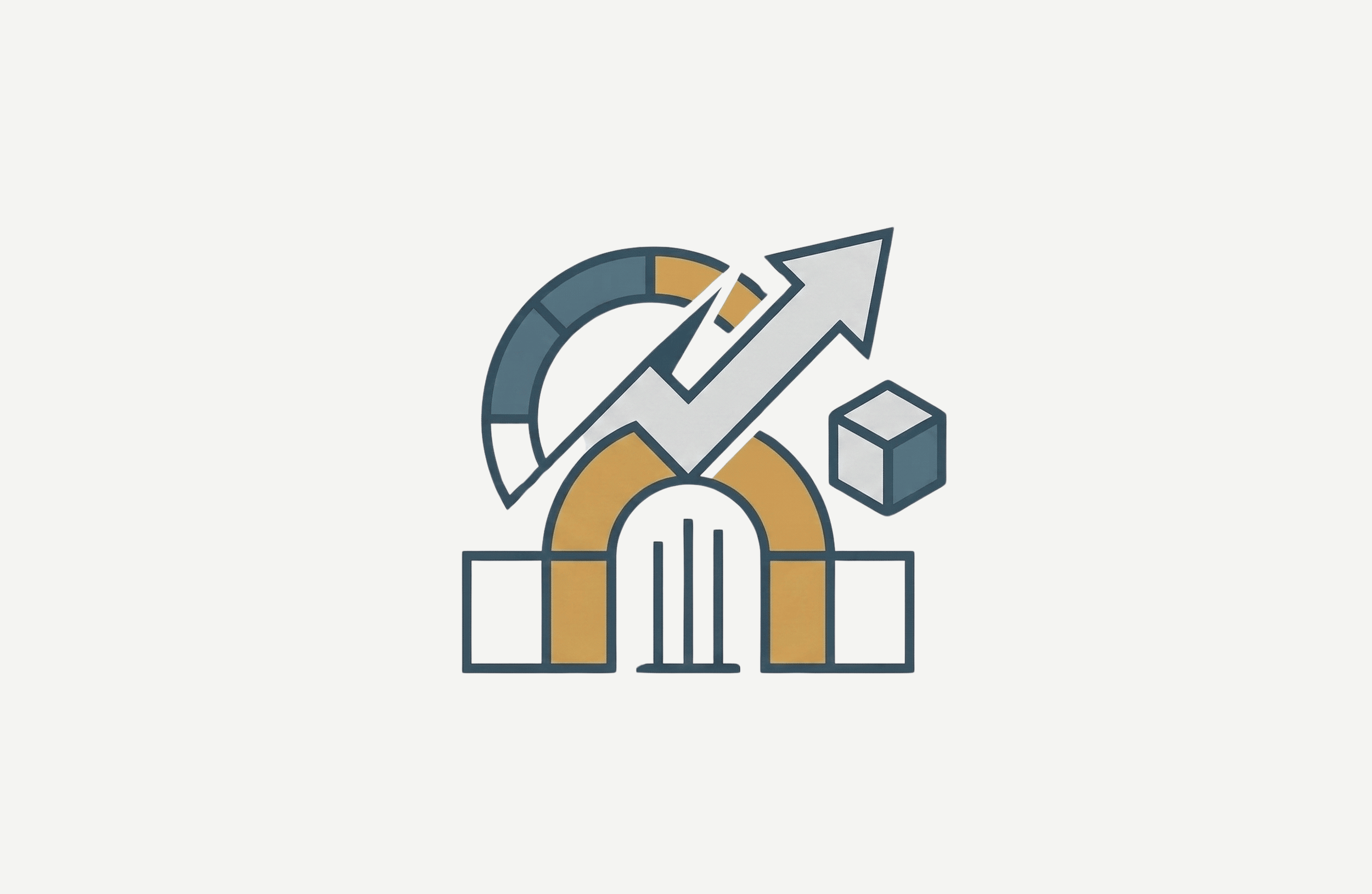 A modern icon showing stylized architecture with an upward-pointing arrow and data blocks, representing campaign restructuring for profit scaling.