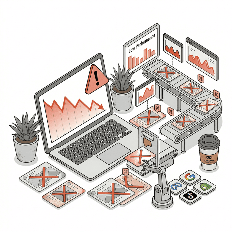 An isometric illustration of a laptop showing a falling red graph and warning symbol, representing creative fatigue in ad campaigns.