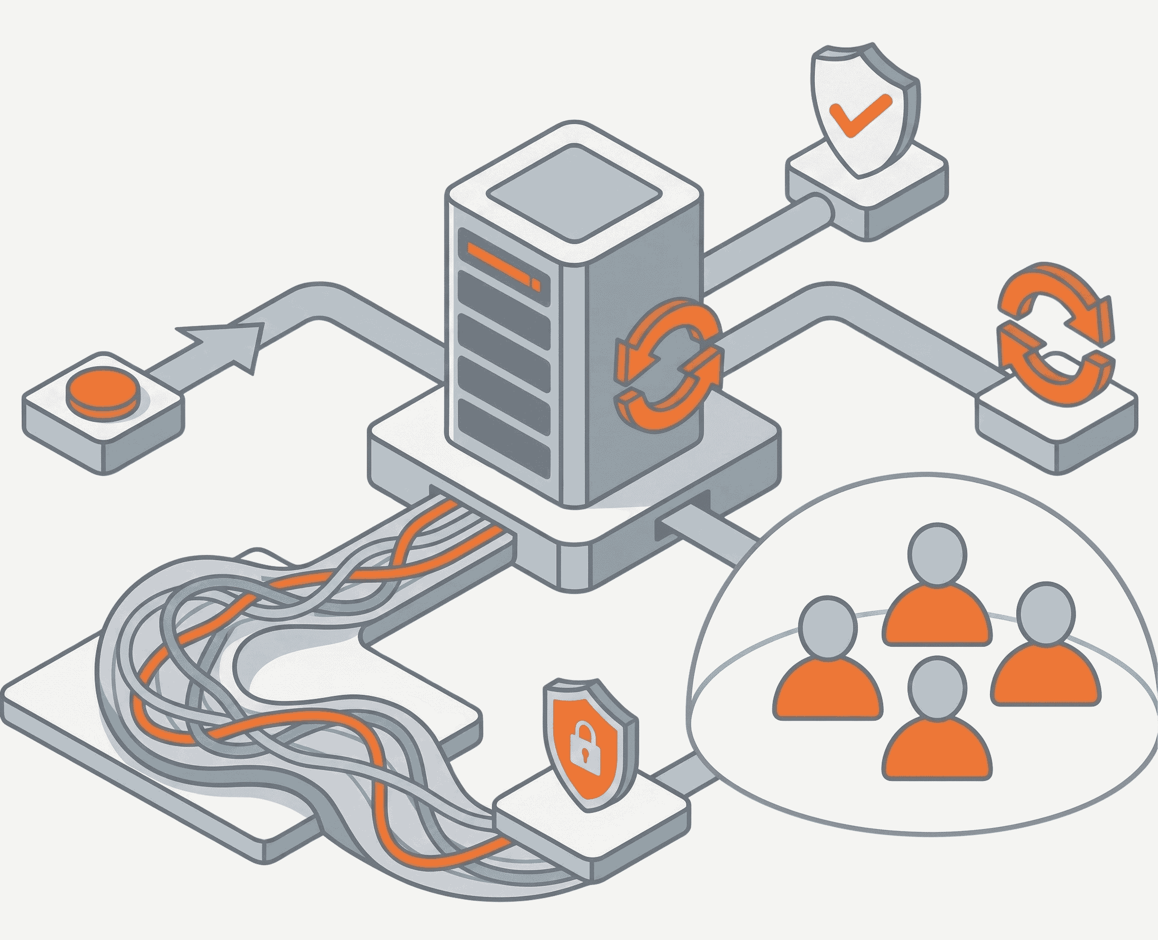 An isometric network illustration connecting a central server to data, security, and a targeted user cluster, representing advanced server-side CAPI tracking.