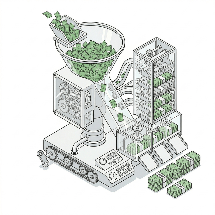 Isometric illustration of cash flowing into a funnel machine and coming out stacked on pallets, symbolizing increasing customer acquisition costs and bleeding margins.