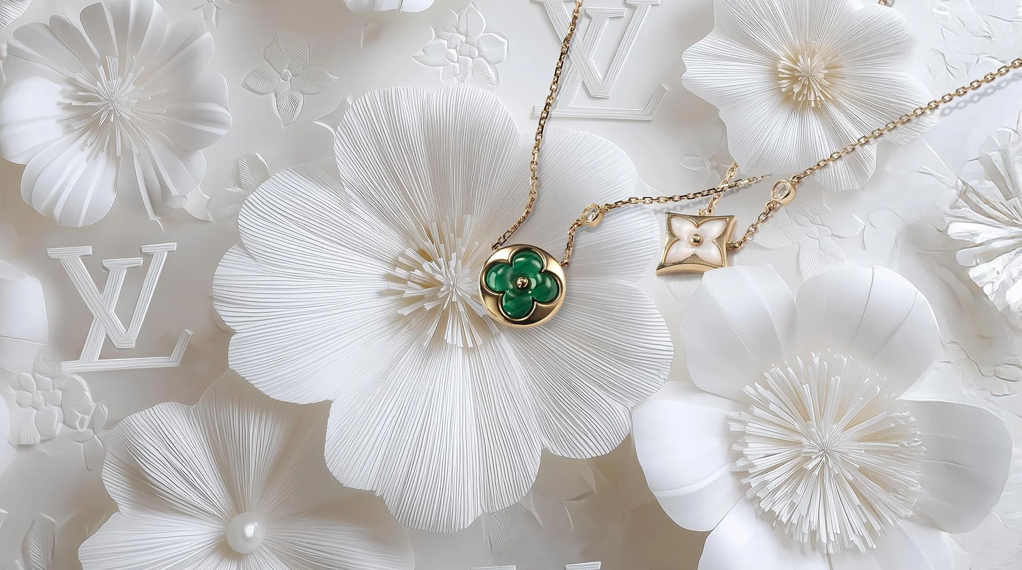 Gold jewelry with green and white floral designs resting on decorative white flowers and leaves.