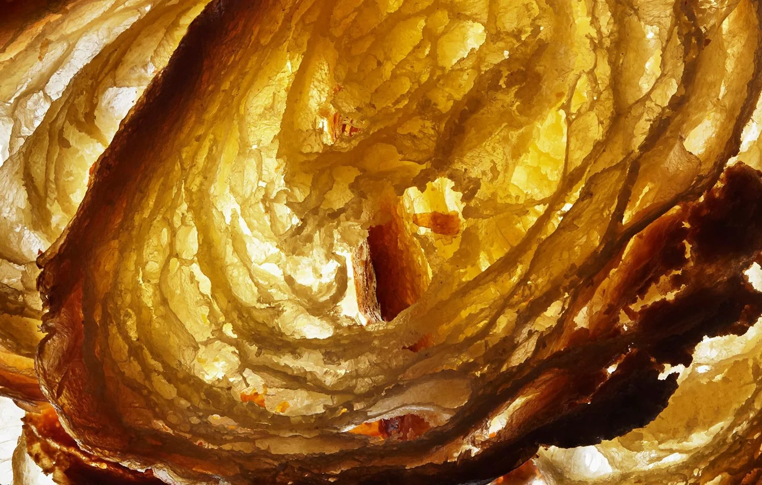 Close-up of a curled, crispy onion ring with a golden-brown color and textured surface.