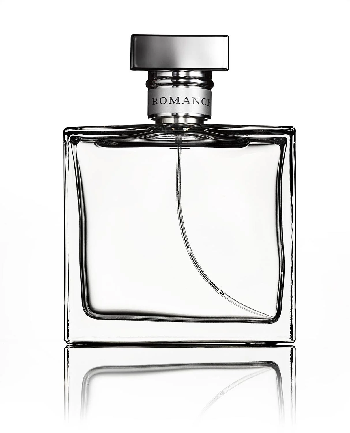 A clear glass perfume bottle with a silver cap labeled "ROMANCE" and a minimalist design, filled with perfume.