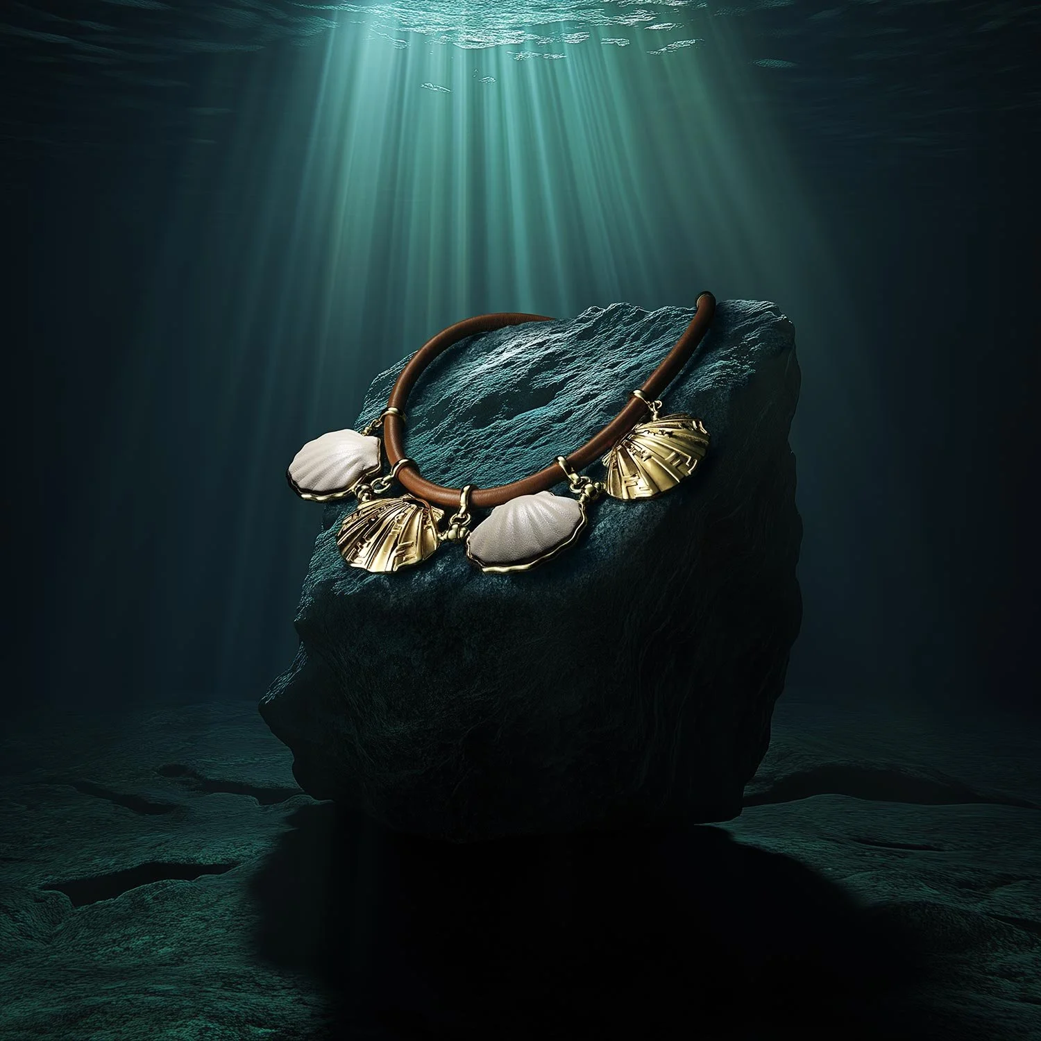 Jewelry necklace with seashell and fan charms displayed on a dark stone, underwater scene with light rays shining from above.