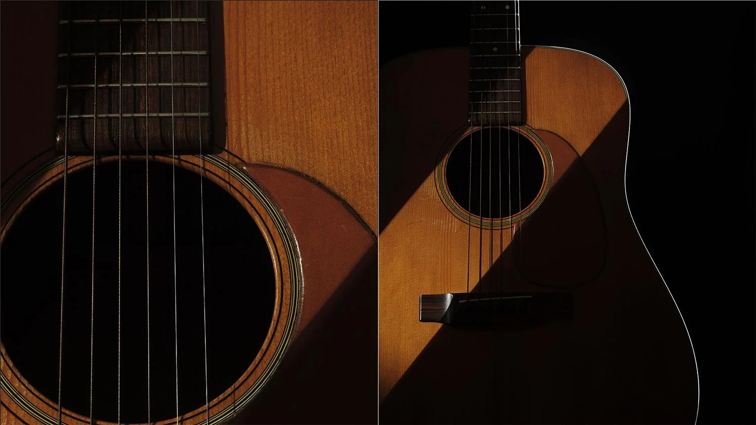 Side-by-side comparison of two acoustic guitars with contrasting lighting. The left guitar is partially in darkness, showing the sound hole and strings. The right guitar is partially illuminated, revealing more of the body, sound hole, strings, and f