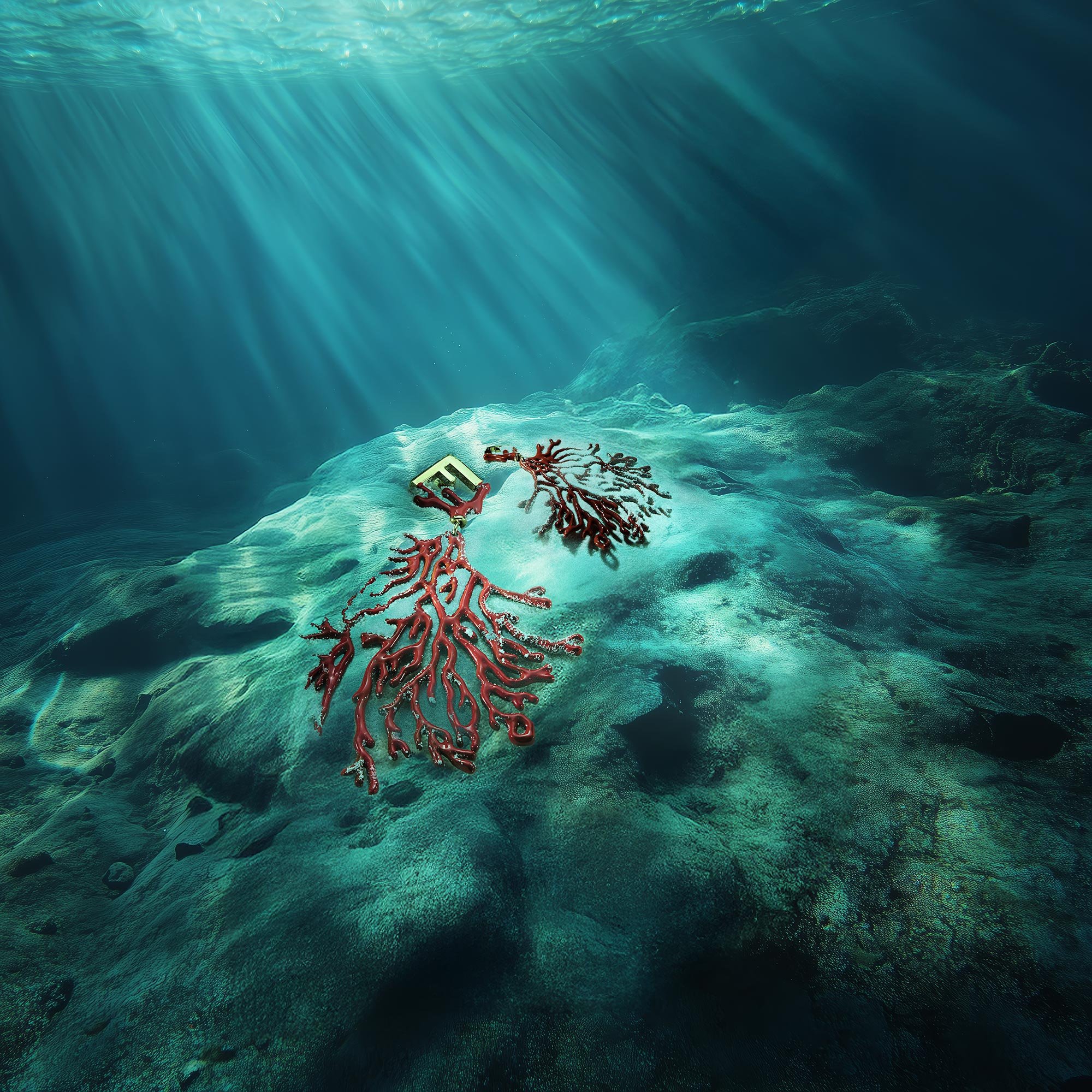 Underwater scene with a rock surface illuminated by sunlight, featuring red coral branches and a small yellow and red plastic submarine toy.