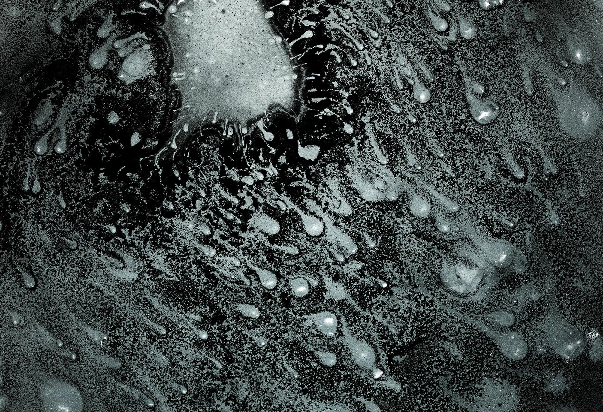 Close-up of a surface with water droplets and foam, creating a textured, abstract pattern.