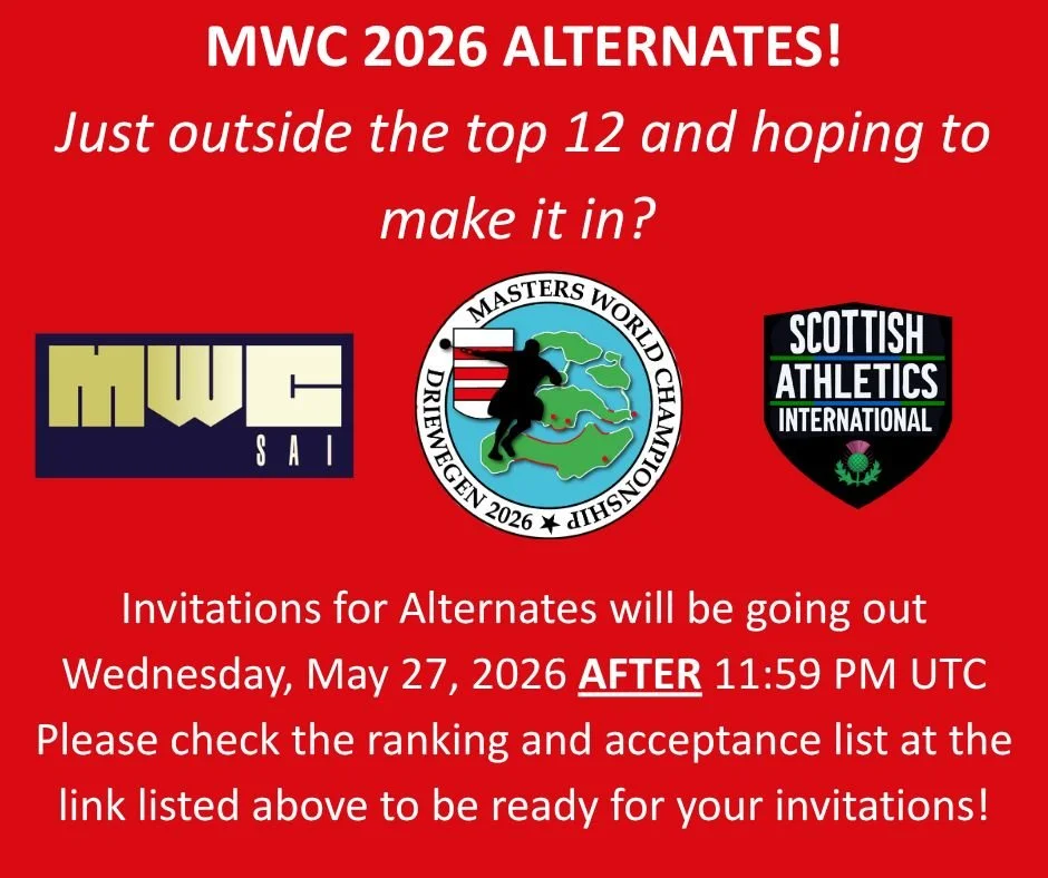 Attention Masters Athletes! If you were not in the Top 12, there is still a chance that you will compete at Masters World Championship 2026 Driewegen! 

As people decline their invitations, the list will be updated  at https://docs.google.com/spreads