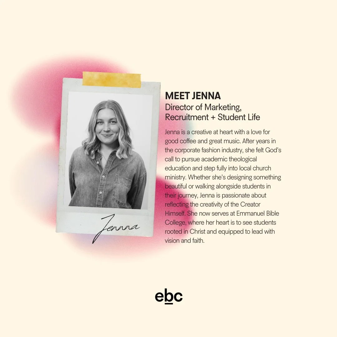 Meet Jenna!⁠
⁠
Jenna heads up our marketing, recruitment &amp; student life initiatives here at EBC. We like to say she owns the &quot;vibe&quot; on campus! Next time you see her on campus, go tell her a joke &ndash; or bring her an americano ☕️🤪🥱