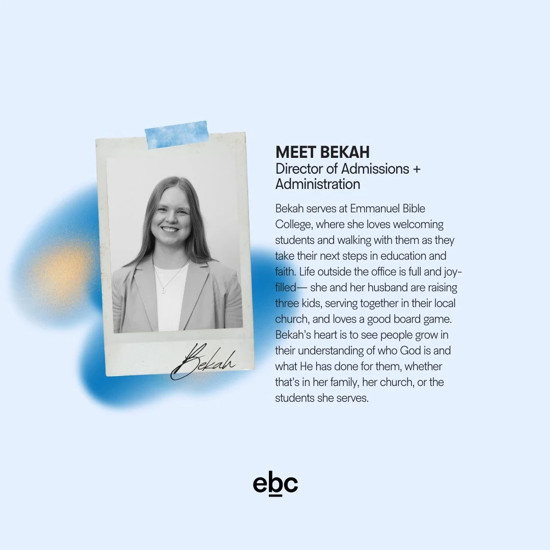 Meet Bekah!โ 
โ 
Bekah is your go-to for all things administration and admissions here at EBC. She knows *almost* everything about every department and is always ready to help students find their way. We love Bekah!