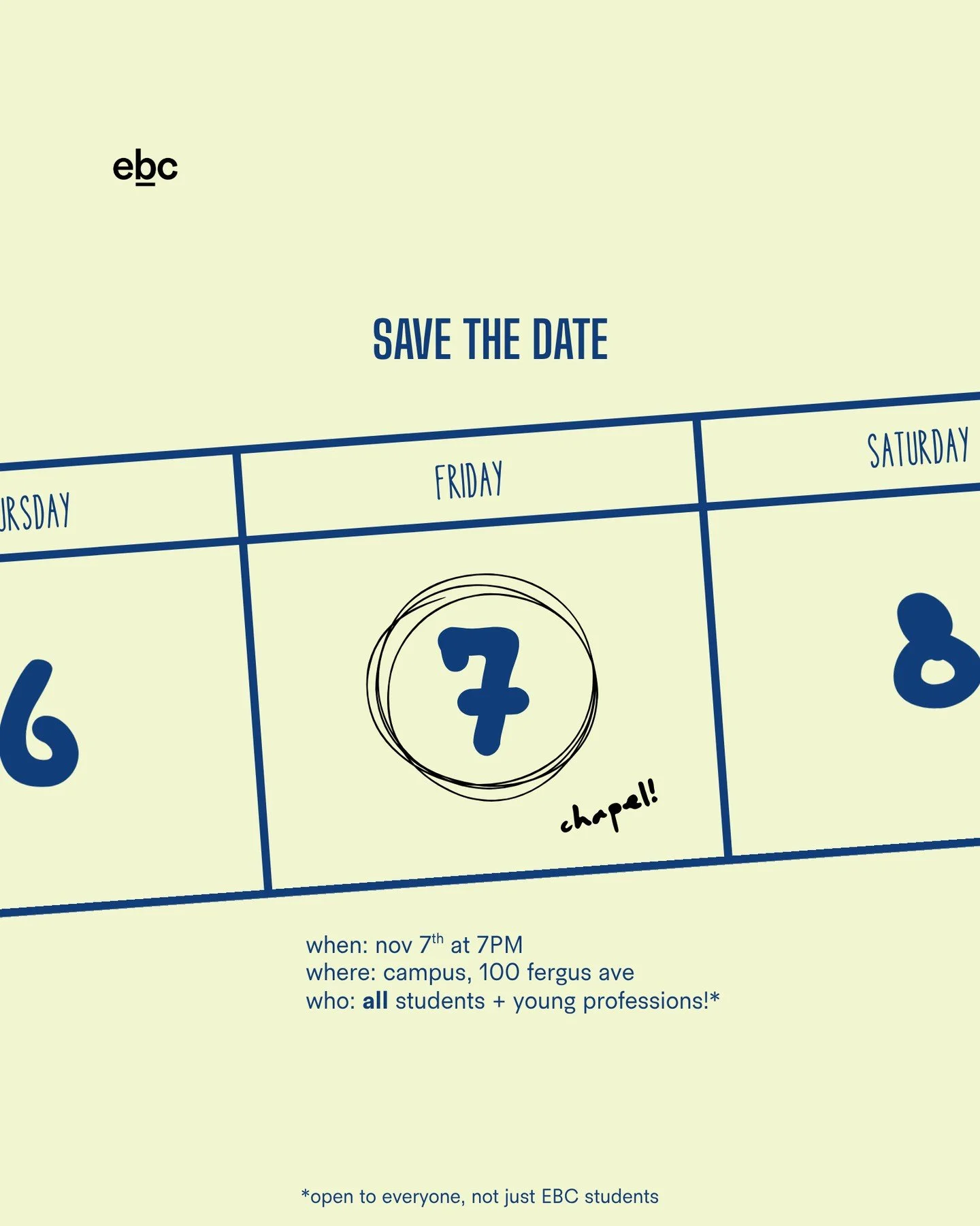 SAVE THE DATE ๐‍↔๏ธ๐‍↔๏ธ๐‍↔๏ธโ 
โ 
November 7th! 7PM! 100 Fergus Ave! โ 
โ 
Bring your friends, bring your classmates, bring that cute girl from church, bring your cousin Judy's brother – bring anyone who needs to experie